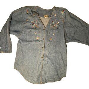 1980's Vintage Denim Rainbow Bejeweled Bling Jacket / Shirt